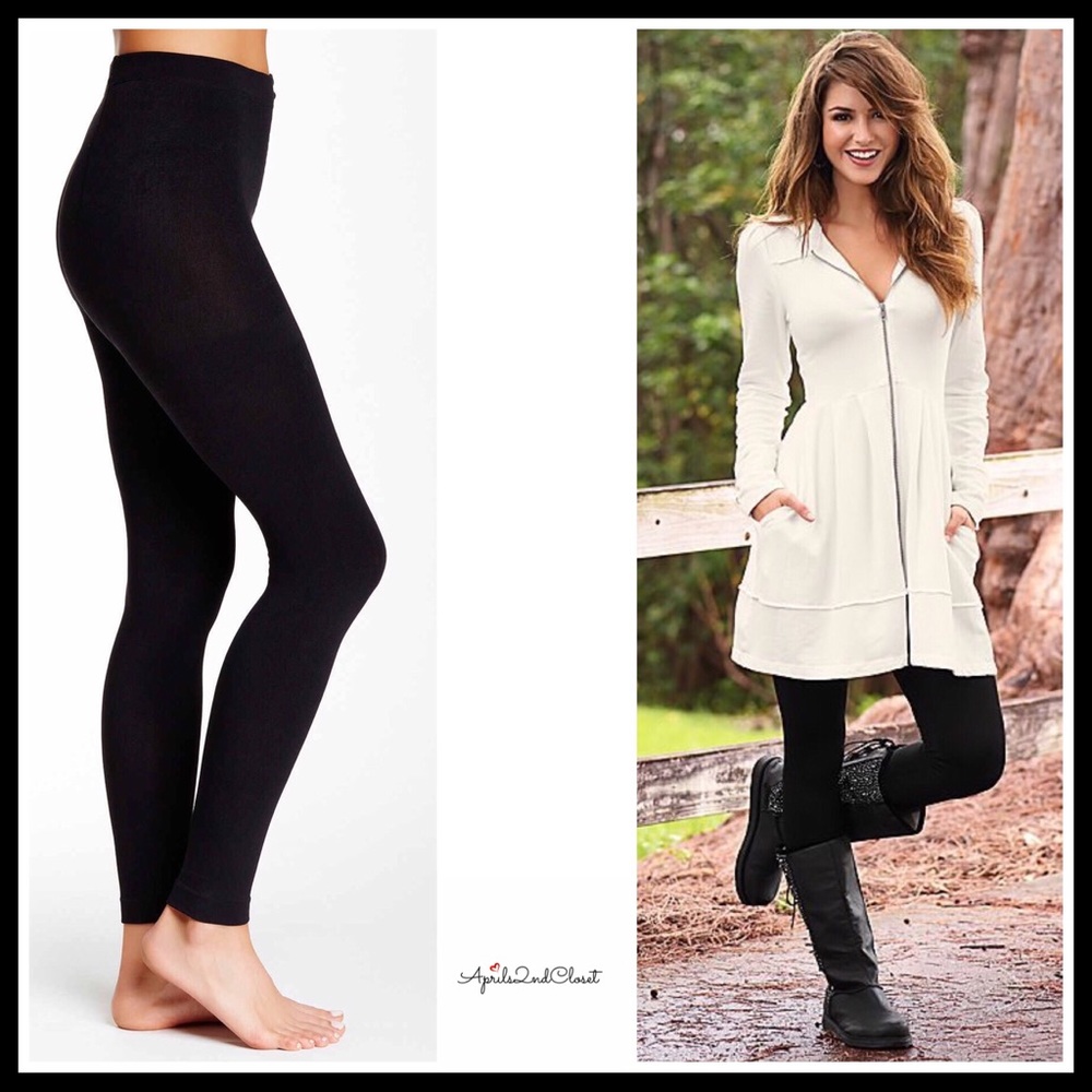 BLACK FLEECE LINED LEGGINGS - FOOTLESS TIGHTS - Picture 1 of 8